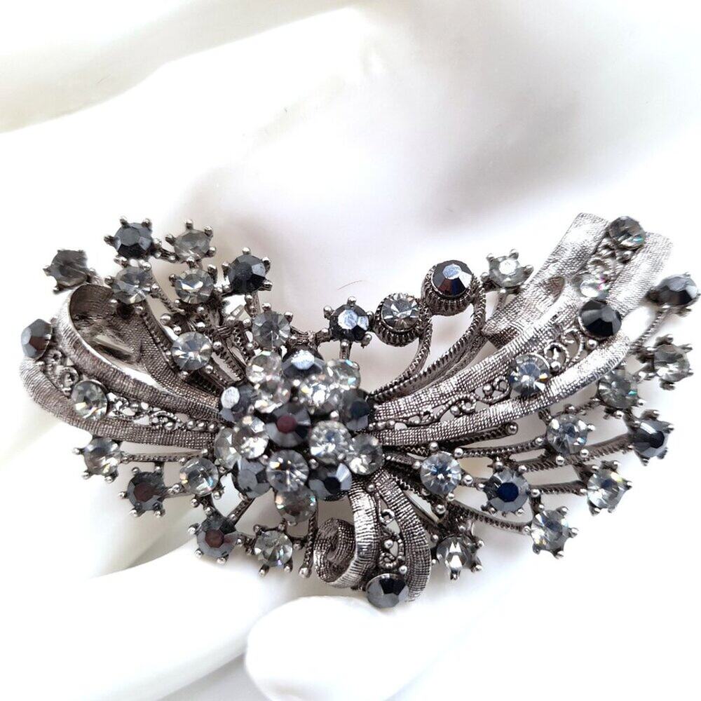 Vintage Gray Silver Black Rhinestone Brooch Pendant, 2 3/4 Inches